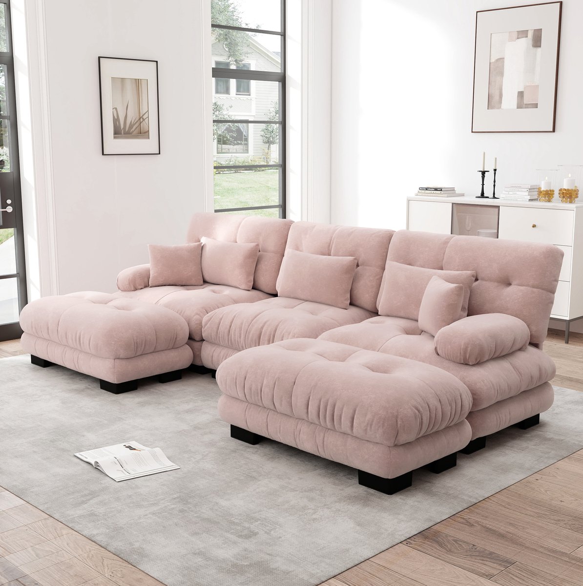 DESMIU U-Bank 313 x 145 cm - Modulaire Hoekbank Met Verplaatsbare Ottomans En Diepe Zitting - Voor Woonkamer Of Kantoor - Chenille Roze