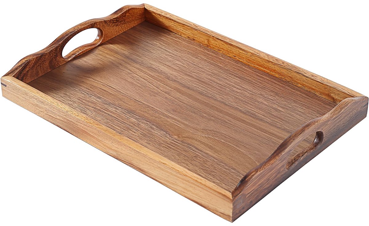 Famanu – Houten dienblad met handvatten, massief houten voedselblad voor koffie, ontbijt en diner, 42 x 30 x 6 cm
