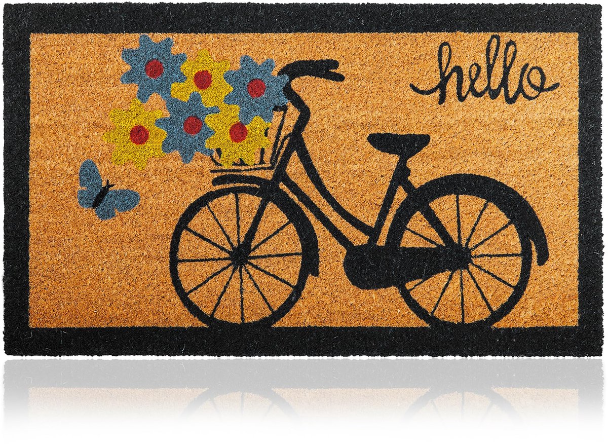 Famanu Kokosvezel deurmat fiets, 70x40 cm, welkomst deurmat met antislip PVC en kokosmat oppervlak, voor huis entree, gangen, buitendeuren, woonaccessoires, minimalistisch ontwerp Wit