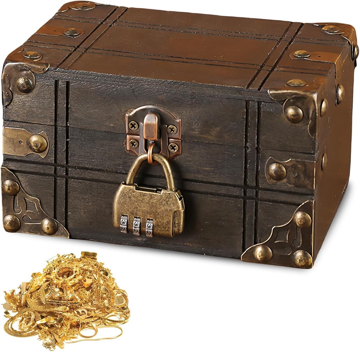 Vergrendelbare Schatkist - Bruin-grijs - 16 x 11 x 9 cm - Houten Opbergdoos met Codeslot - Voor Sieraden en Decoratie