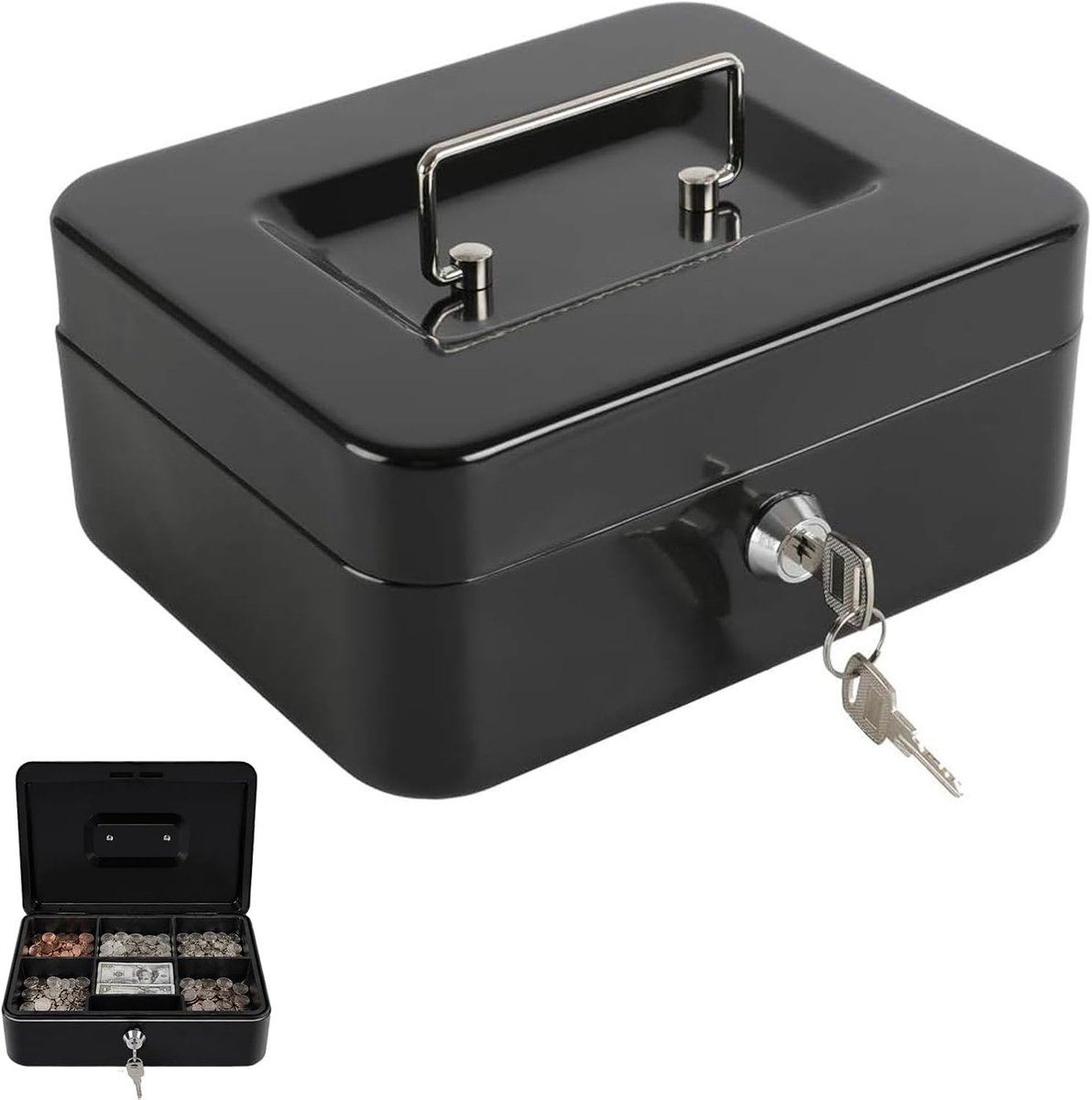 Geldcassette - Zwart - 20 x 16 x 8,5 cm - Met Sleutels en Uitneembaar Muntvak - Voor Thuis, Kantoor en Evenementen