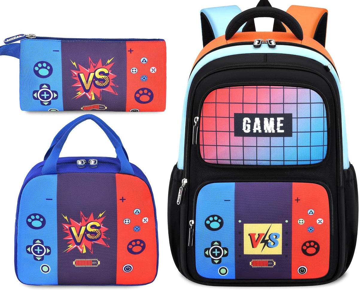 Rugzakset voor jongens, 3-delig, leeftijd 6-12 jaar, schoolrugzak voor kinderen met lunchtas en etui, lichtgewicht waterbestendige schooltas voor basisschool- en middelbare scholieren, spelconsole