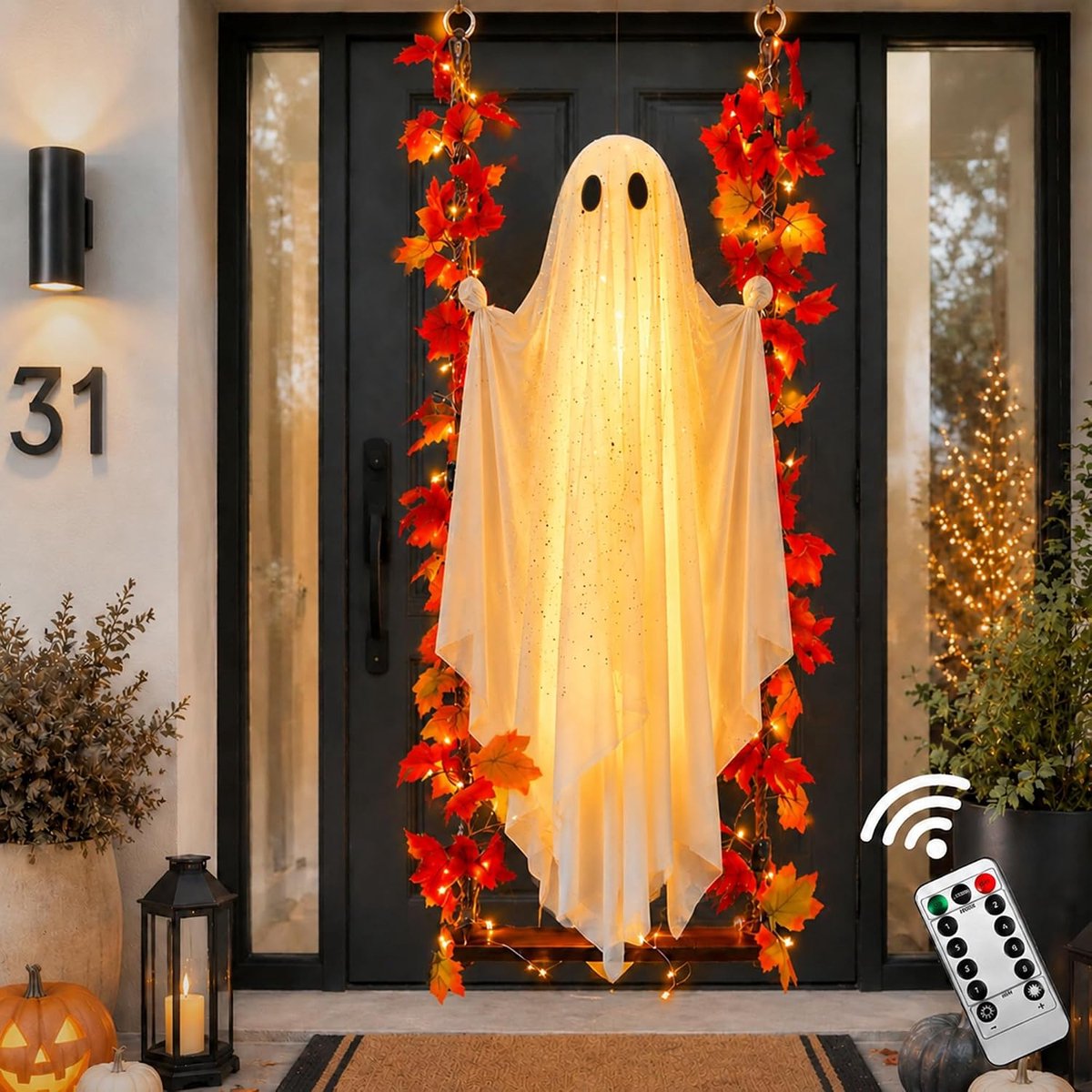 Halloweenversiering voor binnen en buiten - Hangende spookdecoratie van 1,6 meter met een esdoornblad, schommel van 2 meter, spooklampje, Halloweenversiering voor boom, tuin, veranda, erf