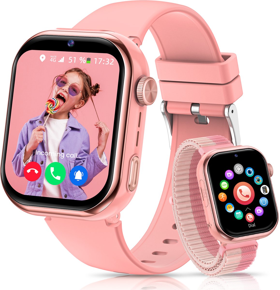 FOSMET 4G Smartwatch Kinderen - 2026 - GPS Horloge Kind met Telefoonfunctie - 1,83 Inch - SOS Knop & Videobellen - Dubbele Camera 3 MP - 1000mAh - Voor 4-12 Jaar - Voor Meisjes - Android & iOS - Roze