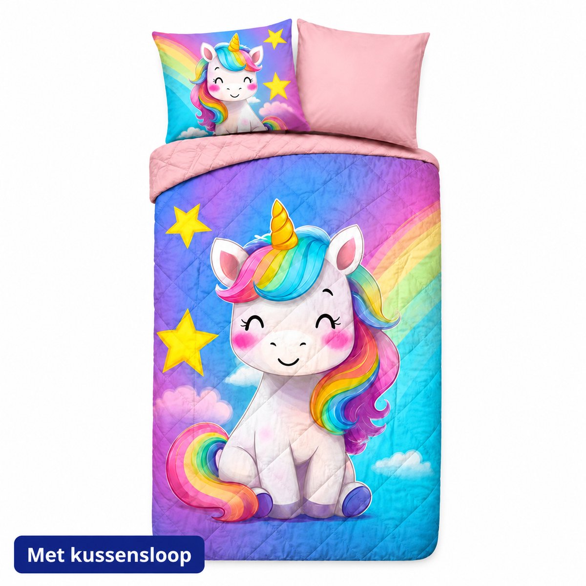 Kinderdekbed Zonder Overtrek 140x200 cm – Regenboog Eenhoorn – Multi – Wasbaar & Hoesloos Dekbed - Met Kussensloop