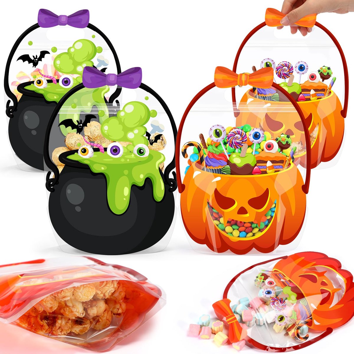 Namajunas - Halloween snoep zakjes - 50 stuks – 25 oranje en 25 zwart - Met handvat - Pompoen en heksenketel ontwerp - Feest versiering - Herbruikbaar - Limited edition Halloween cadeau zakjes voor snoep