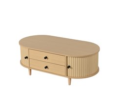 Ronde salontafel - Koffietafel met opbergruimte - Twee lades - Handige schuifdeuren - Belastbaar tot 50 kg - Voor woonkamer - 100x50x36 cm - Licht hout