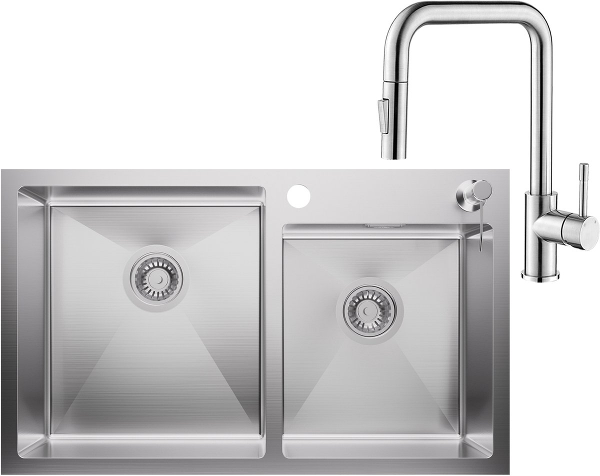 Auralum max Dubbele spoelbak voor keuken 75x45cm - Spoelbak Keuken Met Premium Keukenkraan - Roestvrij staal- Wasbak met waterafvoersysteem - Met zeepdispenser 300ml