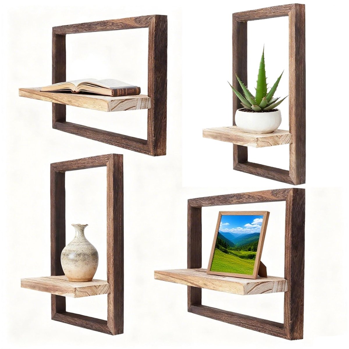 Famanu Set van 4 wandplanken van hout voor wanddecoratie in woonkamer, zwevende planken, hangende rekken voor slaapkamer, kantoor en meer Naturel