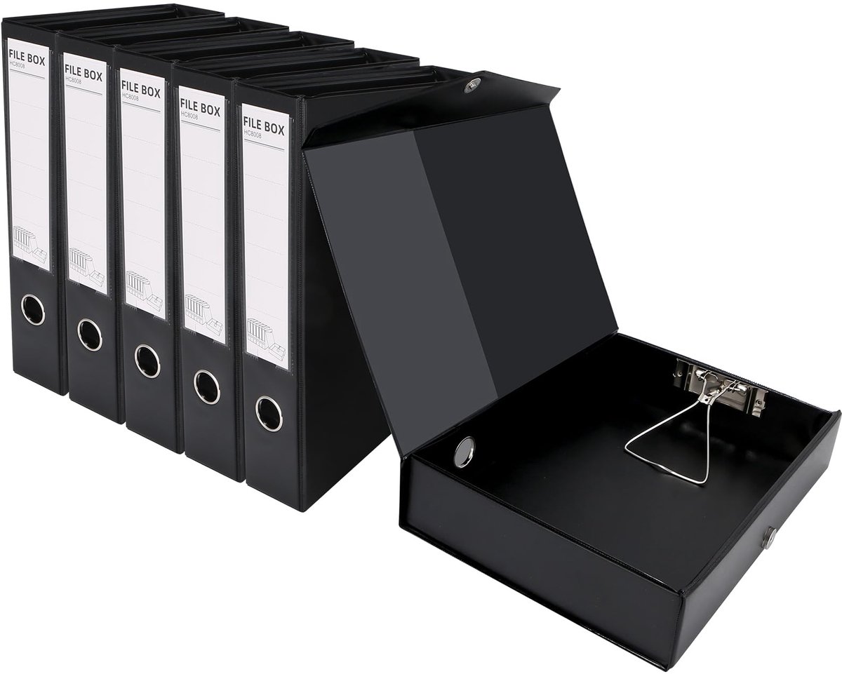 Famanu – Set van 6 A4-bestanden met clip, 65 mm rug, PVC opvouwbare documentarchiveringsdozen voor kantoor en school, zwart