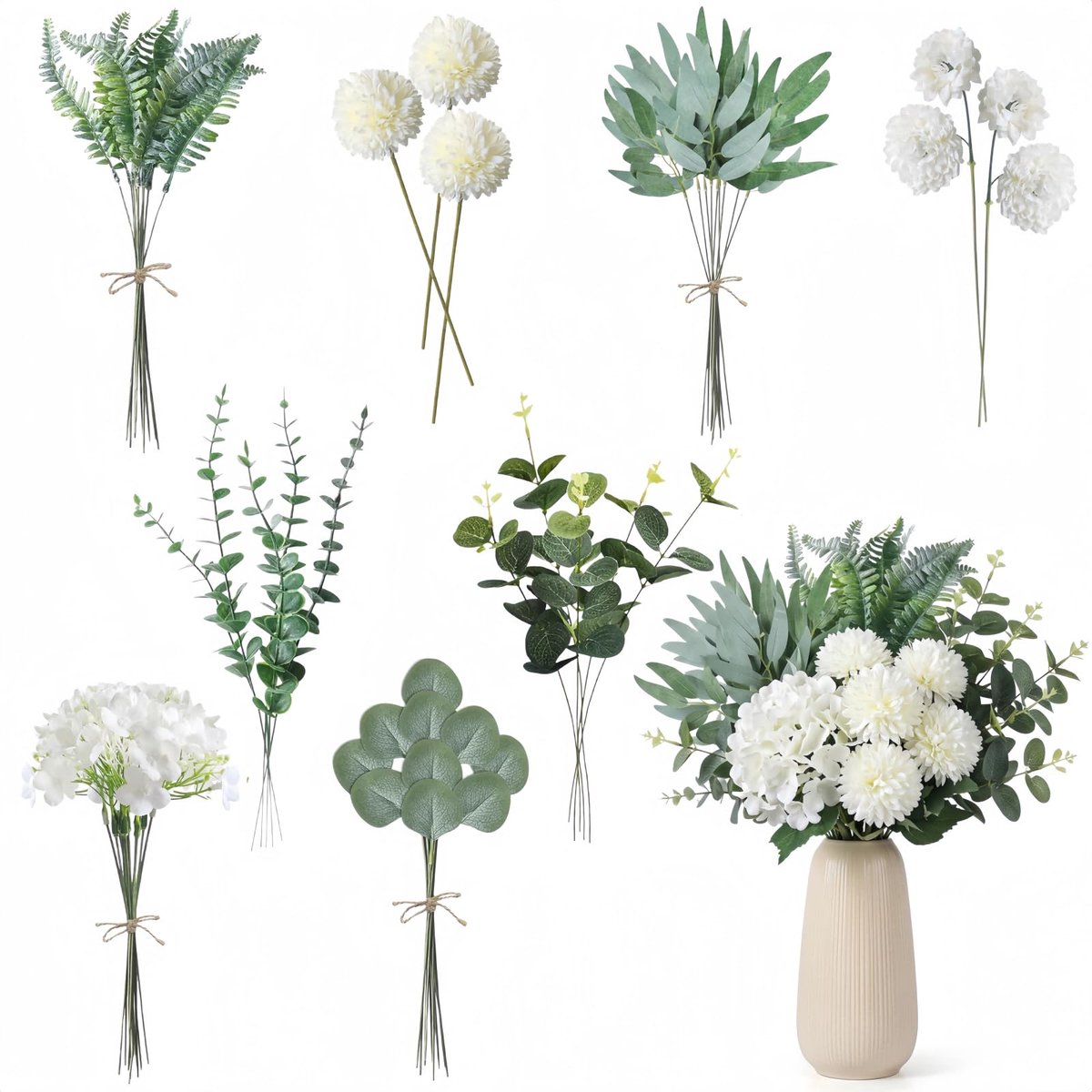 Famanu Set van 55 kunstbloemen en takken, 8 verschillende soorten voor DIY bloemenboeket en huisdecoratie Zwart