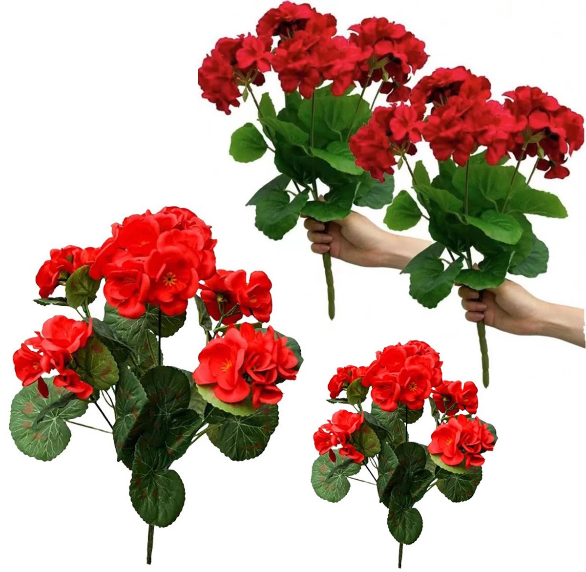 Flintry Set van 4 kunstgeraniums (35 cm) met 5 bloemhoofdjes – zijden begonia-boeket voor huis, tuin, feest en bloemendecoratie (rood)