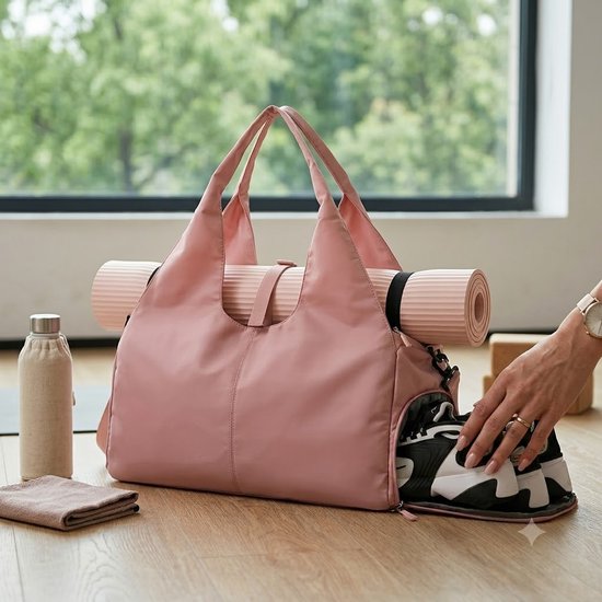 Roze sporttas dames en heren yoga tas fitness tas pilates tas weekendtas met schoenenvak grote capaciteit verstelbare schouderband draagtas voor sport en reizen — afbeelding 3