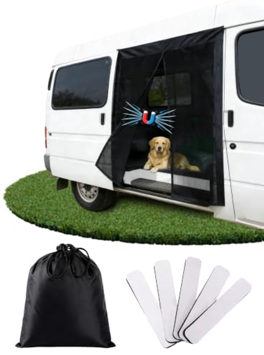 PromoHome Magneet Klamboe 180x150 cm - Insectenscherm met Zijdeur voor Bestelwagen, Camper, Kamperen - Zwart
