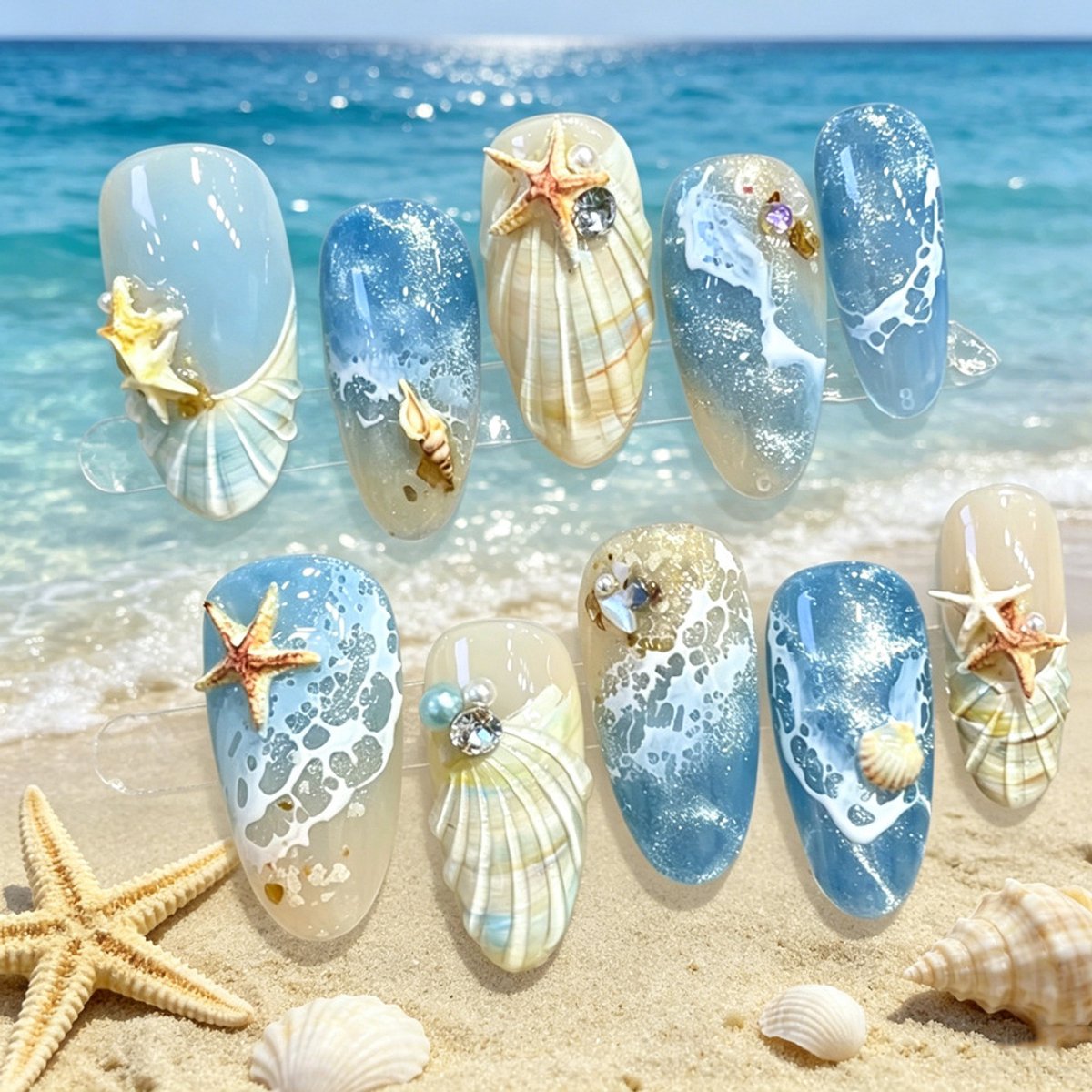 30 Kunstnagels met zomerthema (10 stuks van XS, S en M) - Amandelvormig - Middellang - Blauwe French Manicure - Versierd met oceaan- en schelpenpatronen - Veelzijdig voor de zomer - Geschikt voor vrouwen en meisjes