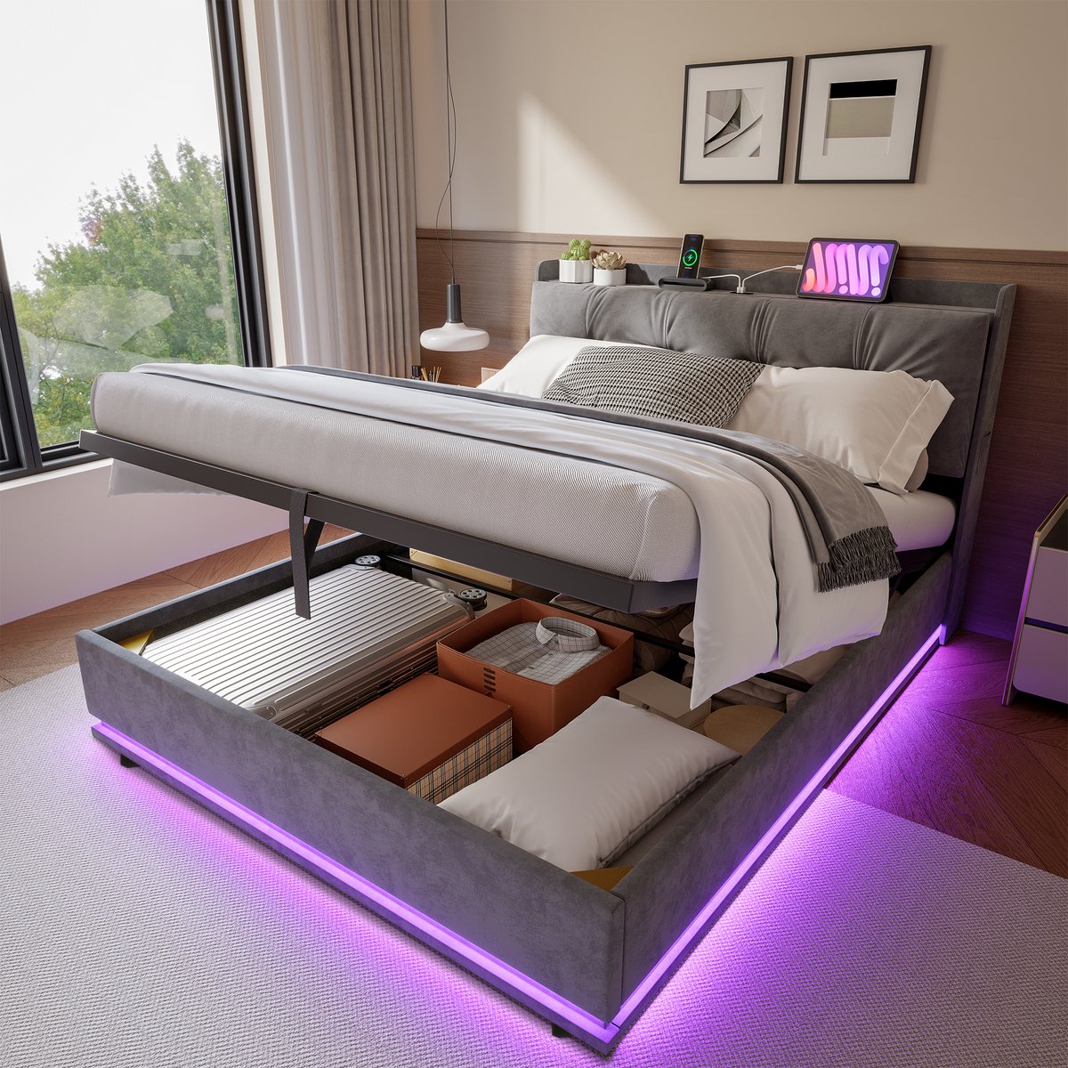 SHOPENTRA Opbergbed 140x190 cm Grijs Fluweel – Luxe Gestoffeerd Bed met Hydraulische Opbergruimte, LED Hoofdbord, USB & Type-C Poorten en Lattenbodem