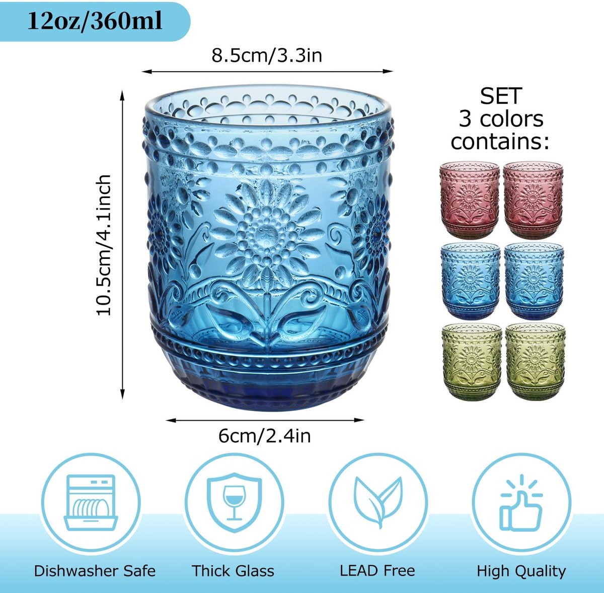 SnelShoppen - Topsky Drinkglazen Set 6-delig - Kleurrijke Cocktailglazen voor Feest, Tuin en Keuken - Vaatwasmachinebestendig & Stapelbaar 360ml (2 Ro
