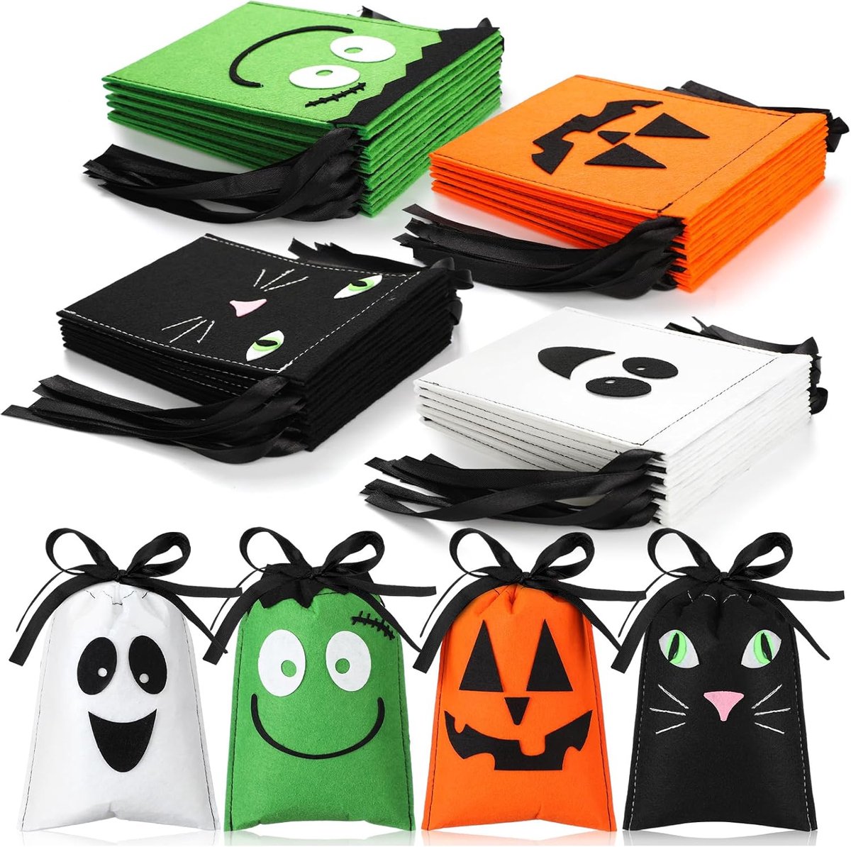 halloween decoratie - halloween accesoires -halloween versiering - vilten Halloween snoepzakjes - Uitdeelzakjes 24 Stuks - over 4 kleuren - Halloween Thanksgiving Versiering - 18×15 cm