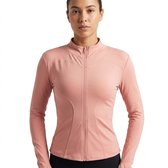 Perzikkleurige sport jas dames slim fit volledige rits fitness jas yoga jas pilates trui hardloop jas met duim gaten hoge kraag aansluitend model lange mouwen euro maat M