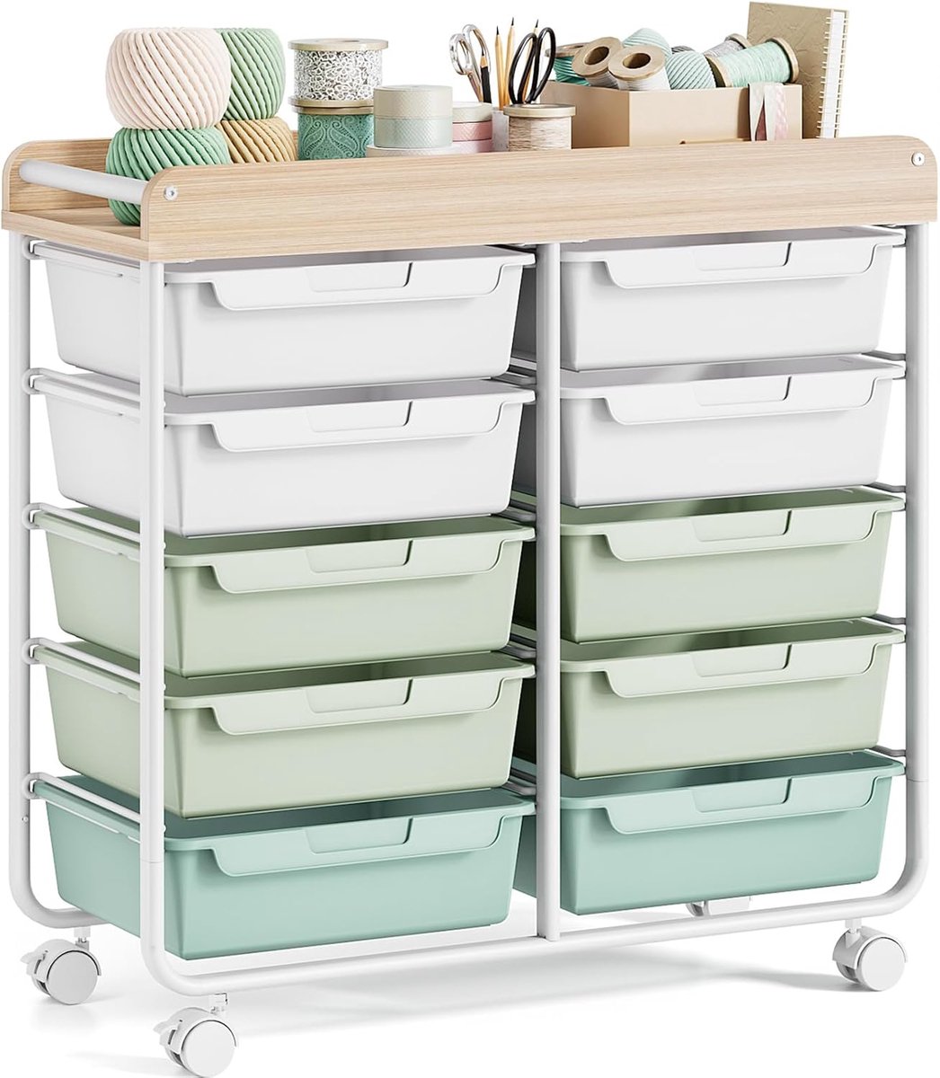SnelShoppen - Opbergkast op Wielen van Kunststof met 10 Laden, Rolwagen voor Badkamer, Keuken, Woonkamer en Slaapkamer, Groen, Handig en Ruimtebespare