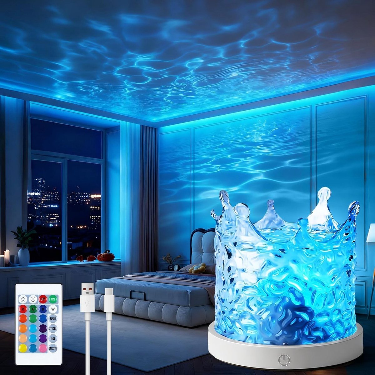 Flame Wave Lamp met Sterrenhemel Projector, LED Nachtlamp, 16 Kleuren, Afstandsbediening, Verstelbare Helderheid, Sfeervolle Verlichting voor Thuis en Cadeau