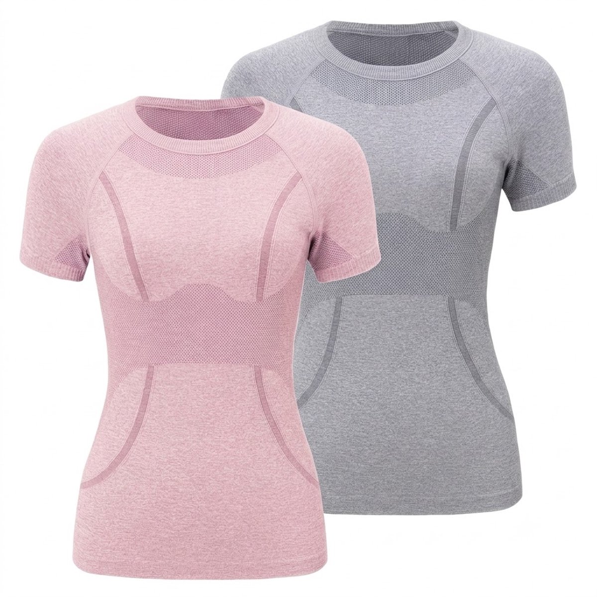 Roze grijze sport tops dames set van 2 pilates T-shirts fitness shirts yoga shirts korte mouwen ronde hals aansluitend hardloop shirts naadloos design euro maat L