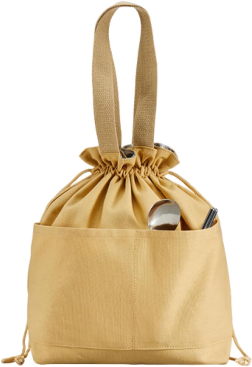 VHV-Lunchtas voor Dames en Heren - Stijlvolle Canvas Koeltas met Koordsluiting en Handvat - Draagbare Isolatietas voor Kantoor en Picknick - Khaki