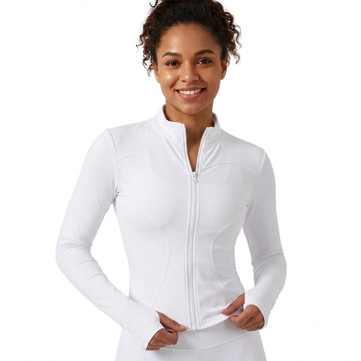 Witte sport jas dames slim fit volledige rits fitness jas yoga jas pilates trui hardloop jas met duim gaten hoge kraag aansluitend model lange mouwen euro maat S