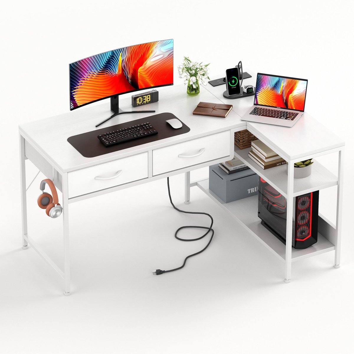 SnelShoppen - Klein L-vormig bureau met laden en opbergvakken, 100 cm hoekbureau met stopcontact voor thuiswerkplek, wit werk-pc-bureau voor slaapkame