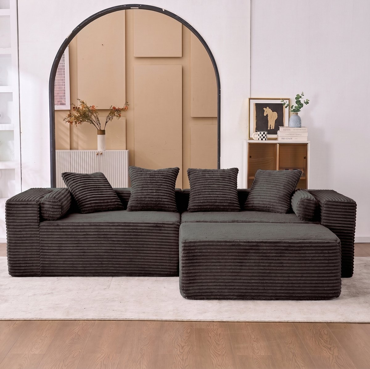 Wishdor Modulaire hoekbank - L-vorm - 3-zits - no installatie - chenille - lounge chaise - zwart - 266 x 110 x 60,01 cm