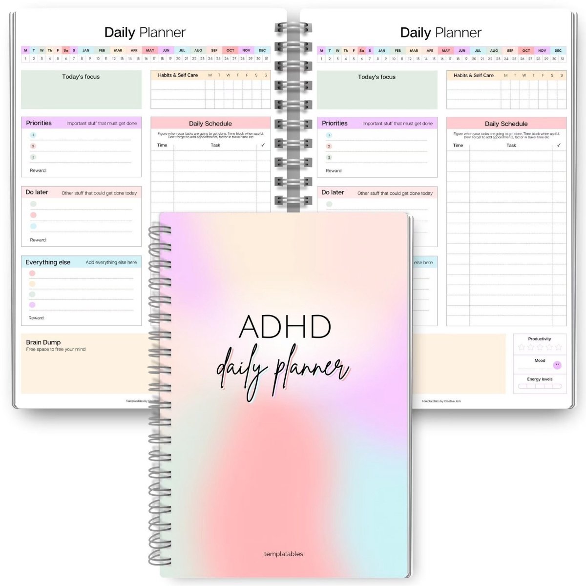 ADHD dagplanner voor neurodivergente volwassenen – productiviteitsplanner met dagelijkse taken voor structuur en focus – A5 pastel regenboog
