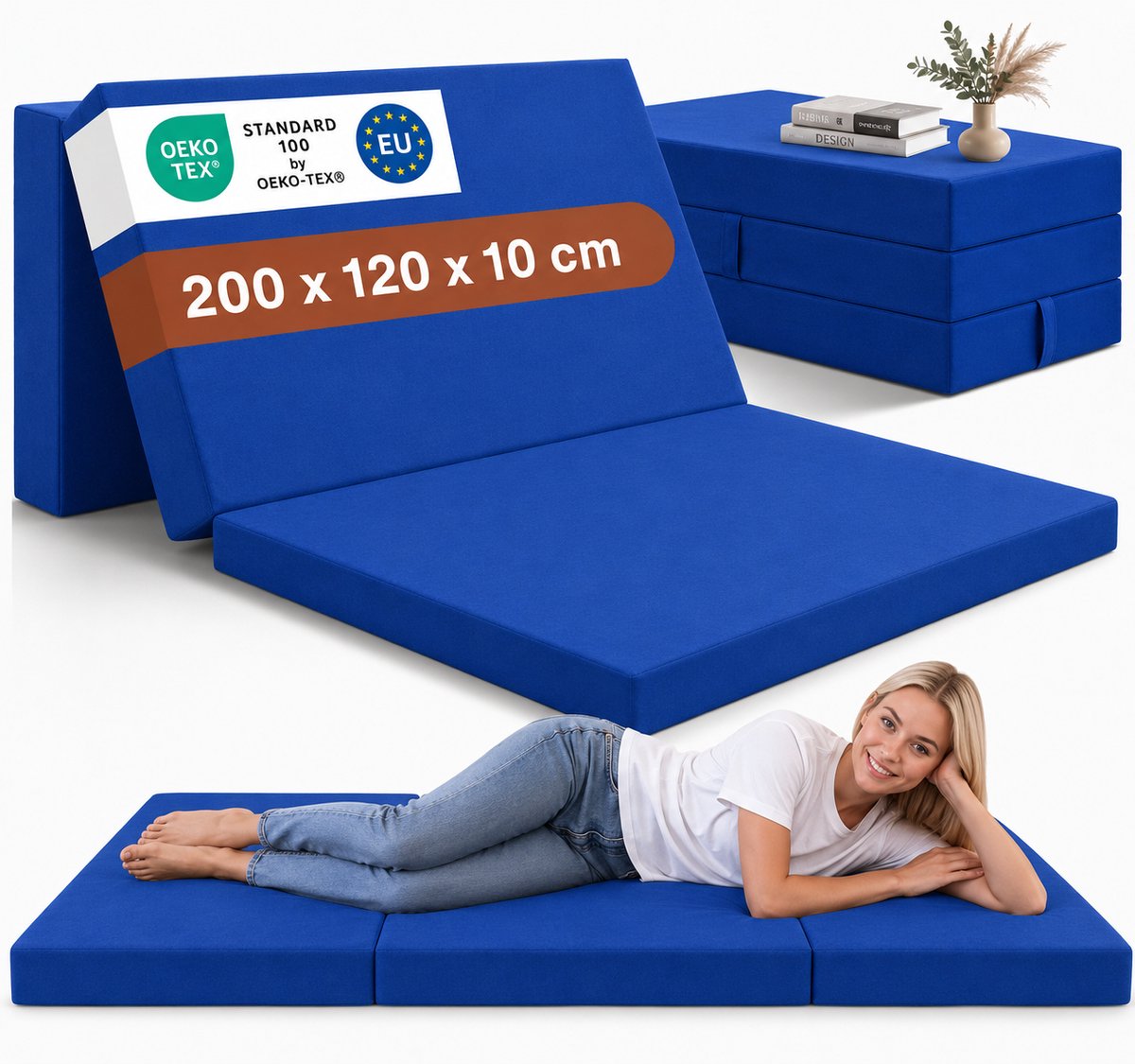 ODOL-PLUSZ Opvouwbaar logeermatras met fauteuilfunctie - 200 x 120 x 10 cm - Schuimmatras, blauw