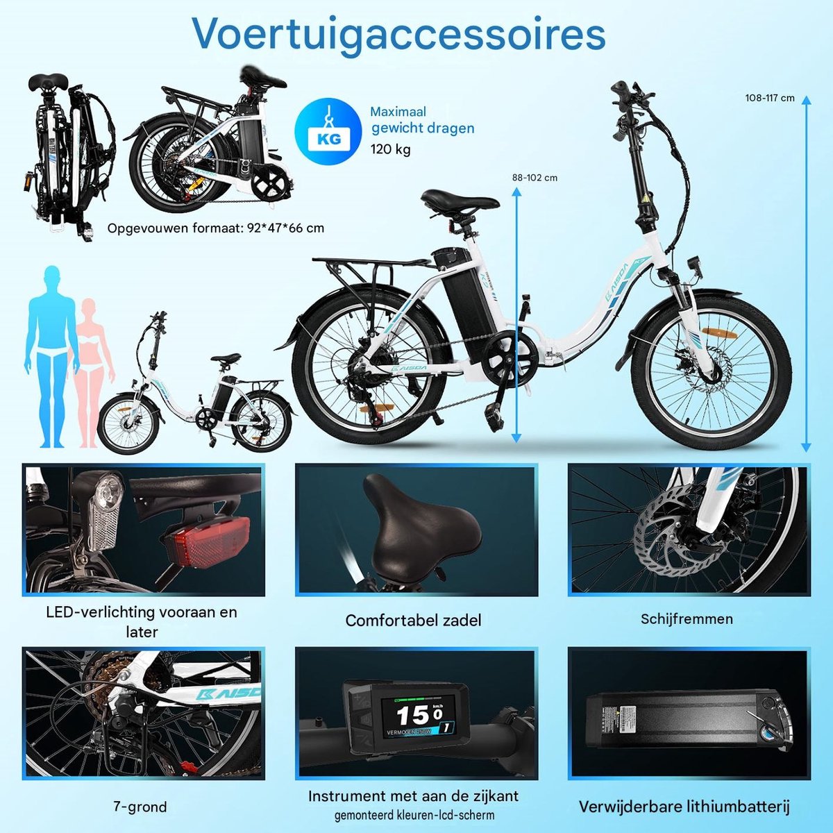 20-inch waterdichte aluminium Elektrische vouwfietsen - Elektrische fiets - Actieradius 100km - Verwijderbare batterij 36V13Ah - Motor 250W - Shimano 7 versnellingen - 20 Inch opvouwbare City Commuter E-Bike - Wit thumbnail 3