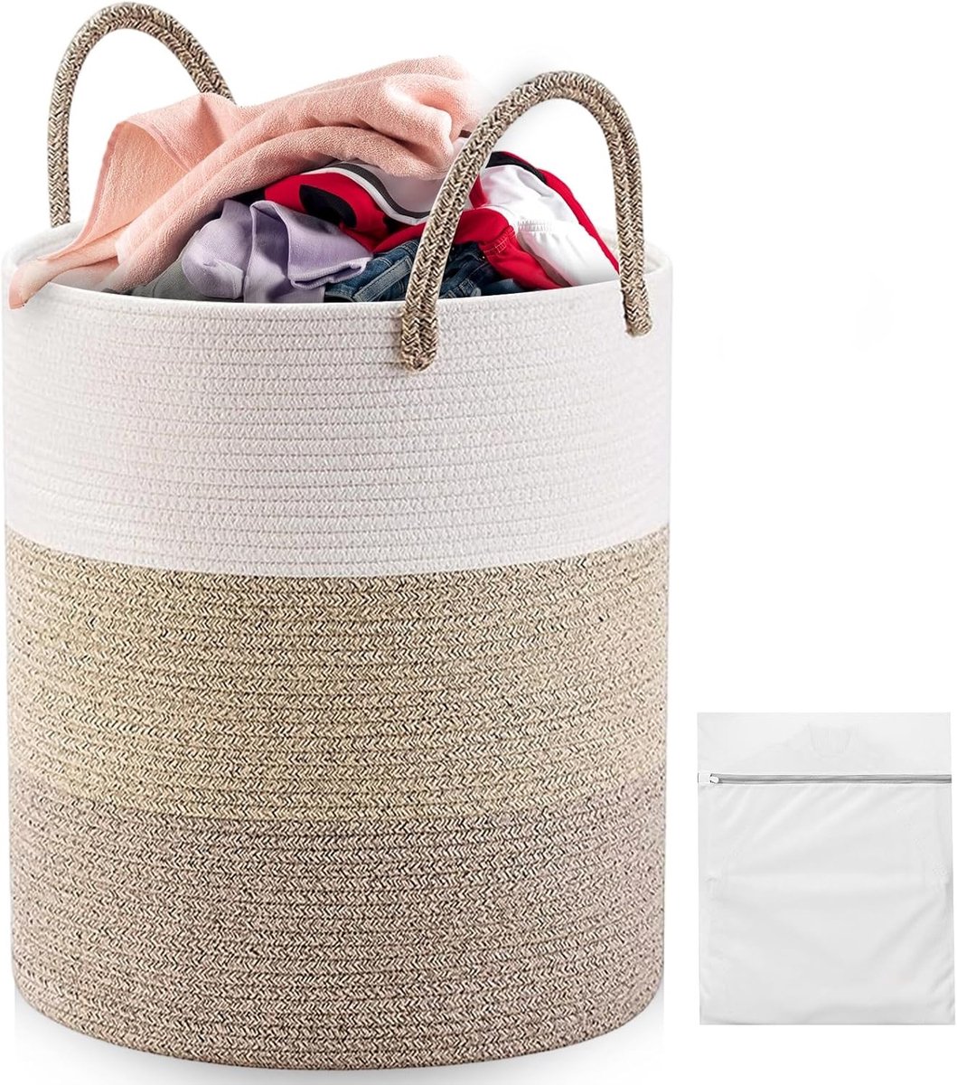 Ruime katoenen wasmand van 58 liter met 2 waszakken en stevige handgrepen voor wasgoed, speelgoed en dekens