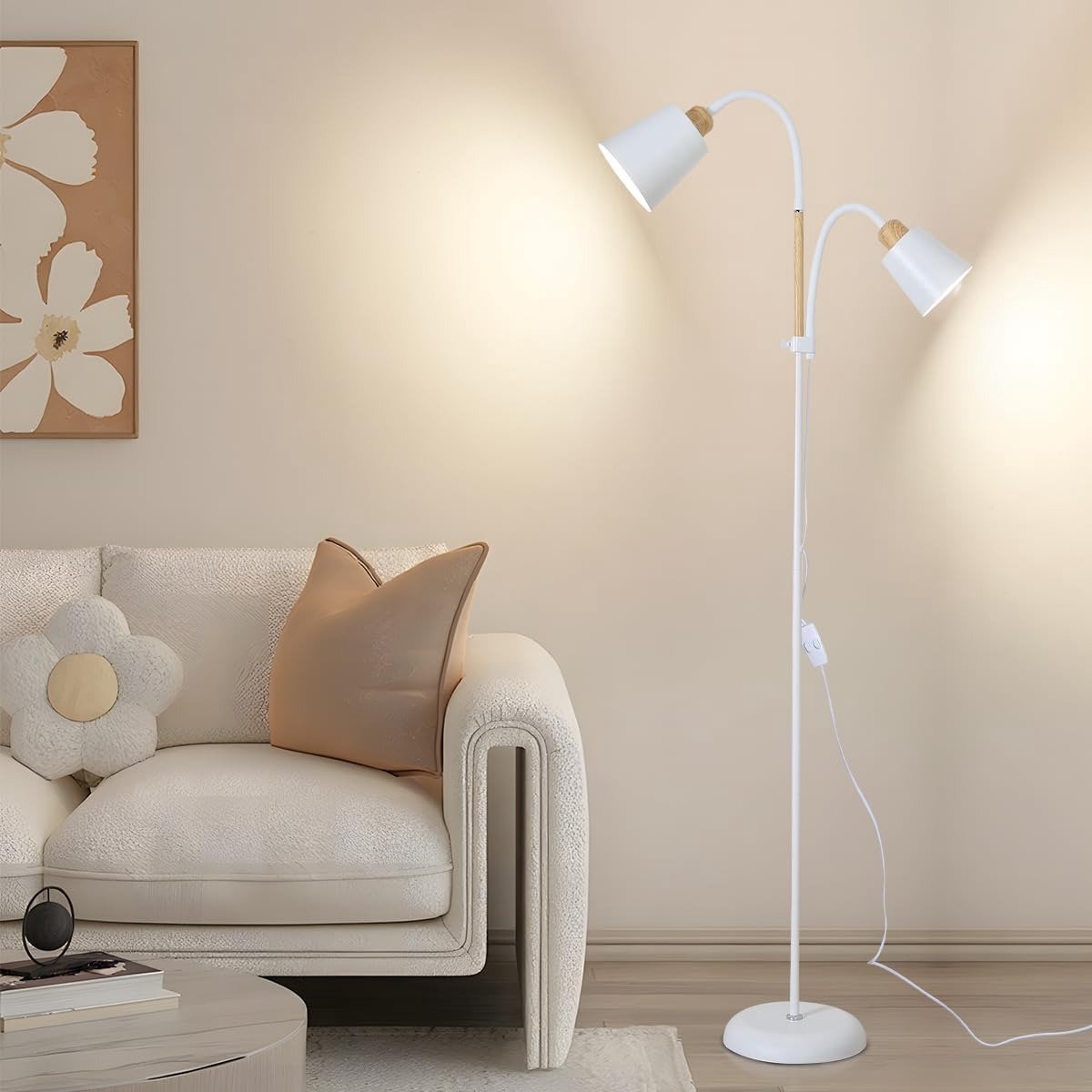Vloerlamp - Staande Lamp - 2 Lampkop - Houtnerf - E27 - Verstelbare Hoogte/Hoek - Metalen Voet - Voor Woonkamer en Slaapkamer - Wit