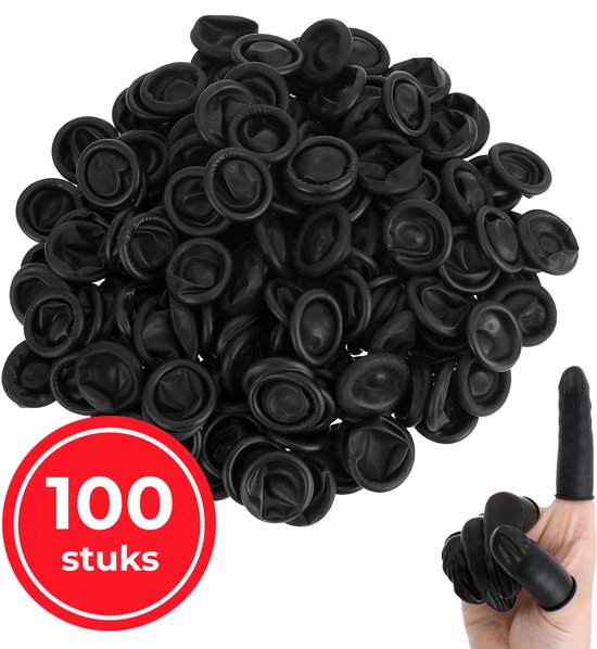 Een stapel zwarte vingercondooms, met een cirkel met '100 stuks'. Een hand draagt meerdere zwarte vingercondooms.