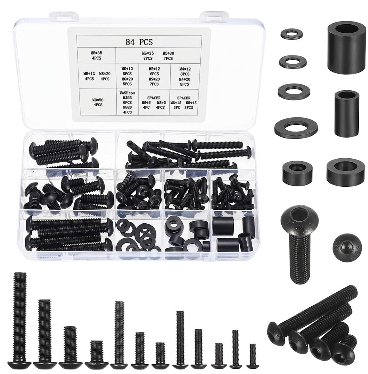 VESA-schroevenset voor tv-wandhouders en monitorstandaarden, 84 stuks M4, M5, M6, M8 schroeven, universele schroeven voor tv-accessoires tot 80 inch met afstandhouders