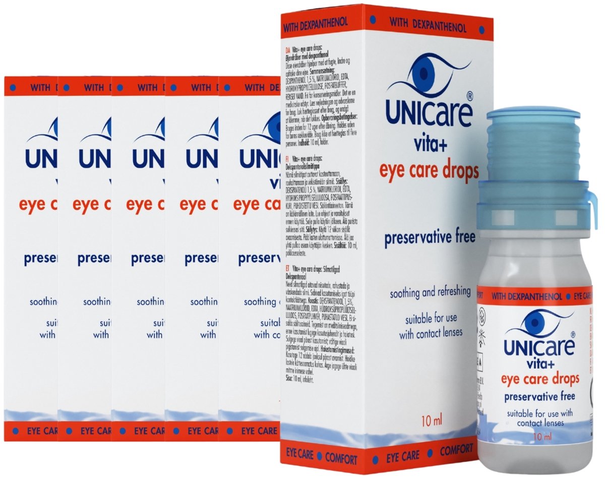 Unicare Vita+ - Oogdruppels 6 x 10 ml - Conserveringsmiddelvrij - voor Droge en Vermoeide Ogen - met Dexpanthenol 1,5% - Geschikt voor Contactlenzen