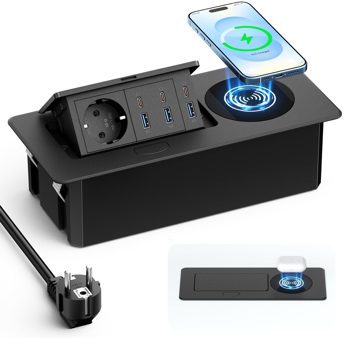 SnelShoppen - Intrekbaar Stopcontact met 15 W Qi Draadloos Opladen, Inbouwstopcontact met 6 USB-poorten, USB-C PD 30 W, Tafelstopcontact voor Bureau,