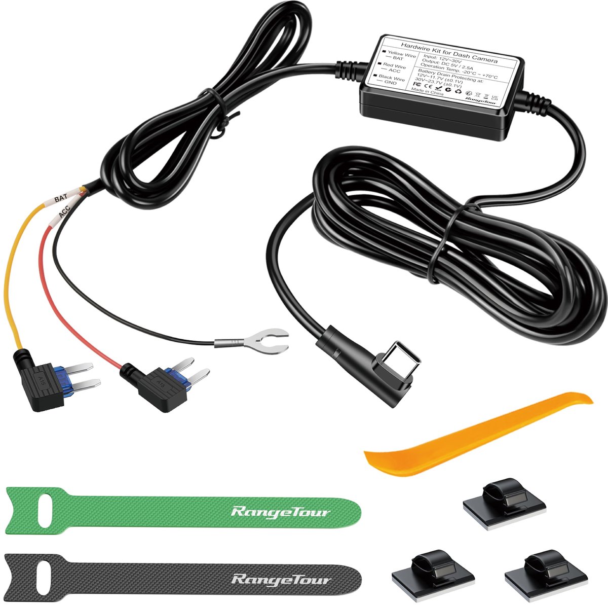 SnelShoppen - Range Tour Dash Cam Hardwire Kit 4m/13.12ft 12V-24V naar 5V 2.5A Auto Dash Camera Oplader Netsnoer USB-C Harde Draad Kit Zekering voor A