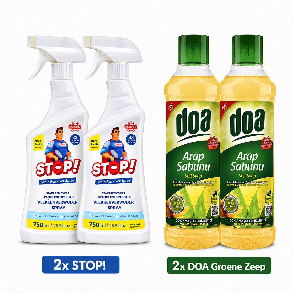STOP Forte Vlekverwijderaar & DOA Vloeibare Arabische Zeep Reinigingsset – 2 x 750 ml Spray + 2 x 1 Liter Allesreiniger – 4-Delig Voordeelpakket - STOP Leke Cikarici & DOA Arap Sabunu Set
