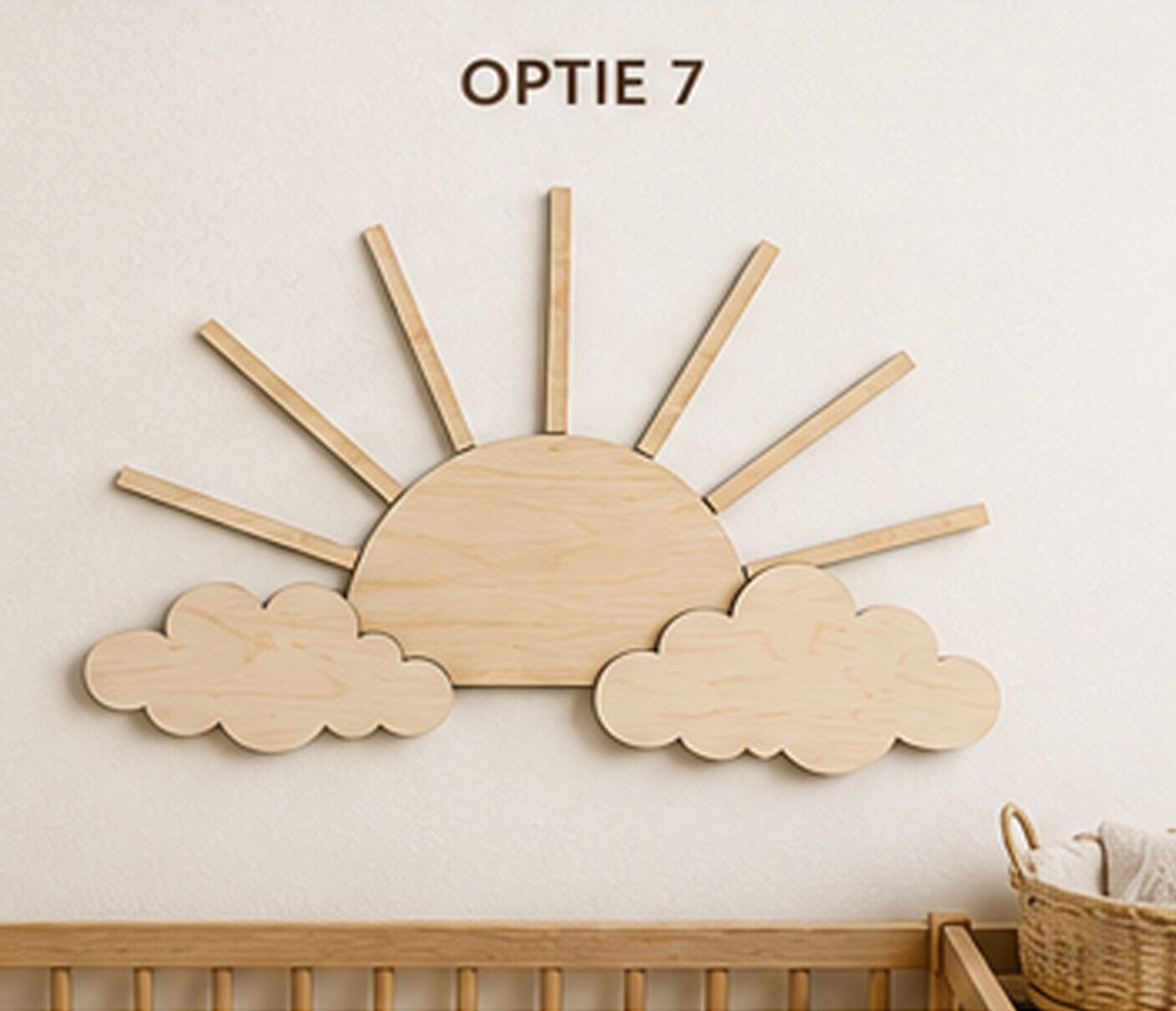 MODEL 07 – HOUTEN OPKOMENDE ZON MET WOLKEN | SCANDINAVISCHE MUURDECORATIE | 40 x 40 CM/baby/babykamer/ babykamer accessories