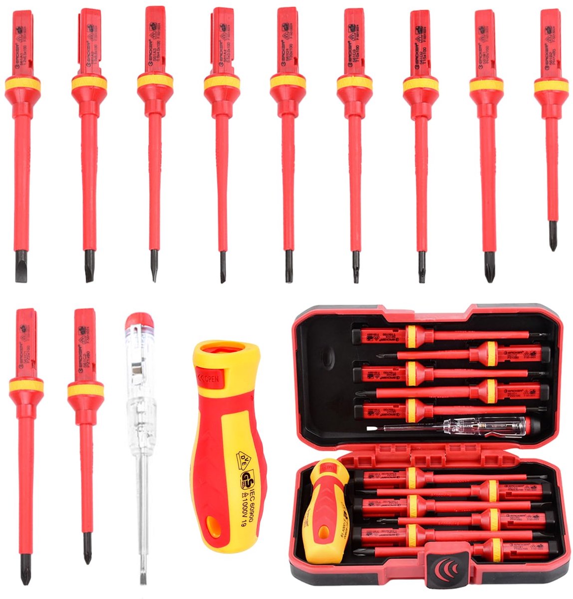 SnelShoppen - Pack van 13 VDE Schroevendraaiers Set Elektricien Gereedschap Magnetische Schroevendraaiers voor Montage en Demontage van Elektrische Ap