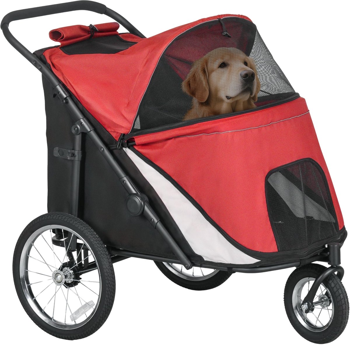 Hondenbuggy – Opvouwbare Wandelwagen met Mesh Vensters voor Honden tot 30 kg – Rood