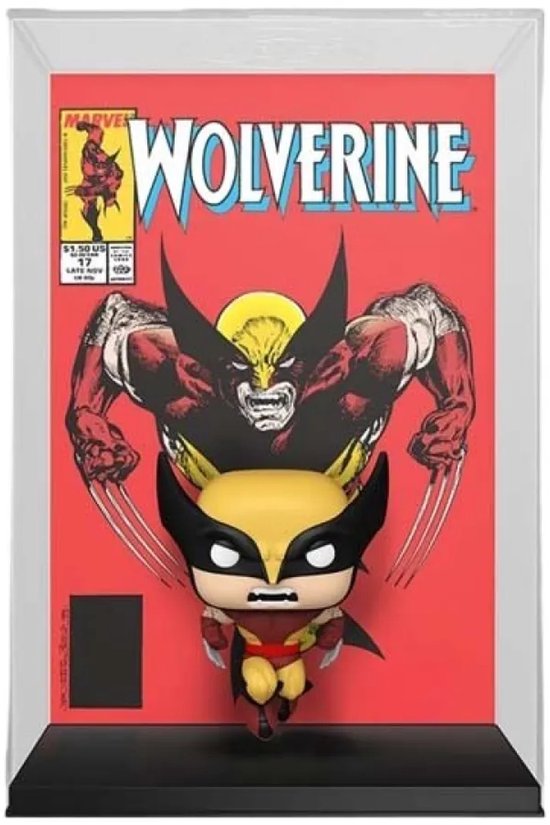 Wolverine Funko Pop-figuur in een vitrine met een stripboekachtergrond. Het figuur draagt een geel masker met zwarte oren en een rood en geel pak.