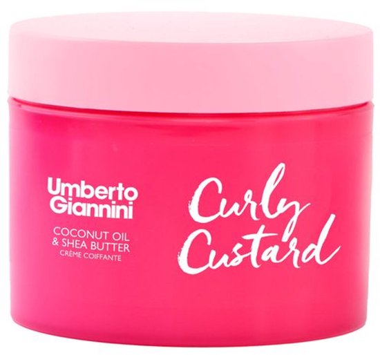 Roze pot Umberto Giannini Curl Custard met witte tekst.