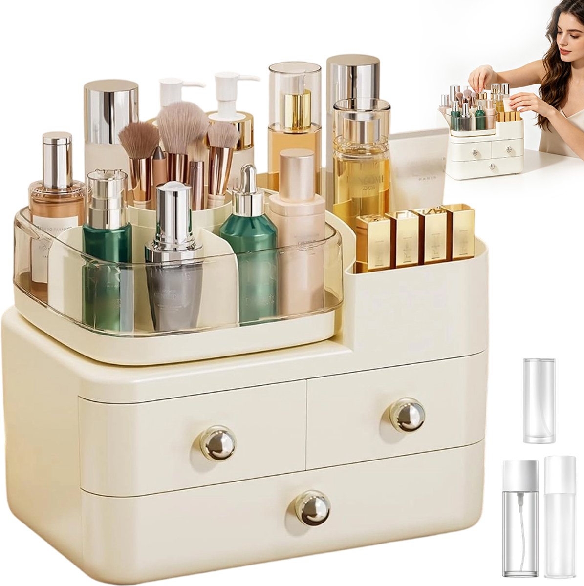 Make-up Organizer - Draaibare Cosmetica Lade - 360° Rotatie & Gelaagde Opslag - 28.5 × 19 × 23 cm - Grote Capaciteit & Opdeelvakken - Stijlvol Wit & Veelzijdig - Voor Slaapkamer, Badkamer & Kaptafel