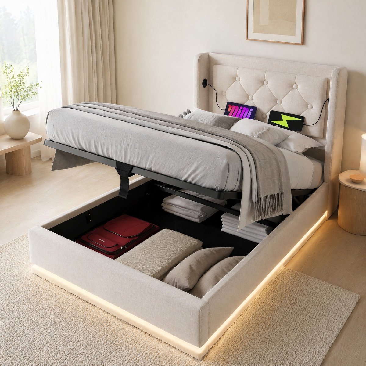 COVREO Bed 90x200 cm - 100 cm breed, beige stof, opbergruimte, zonder matras