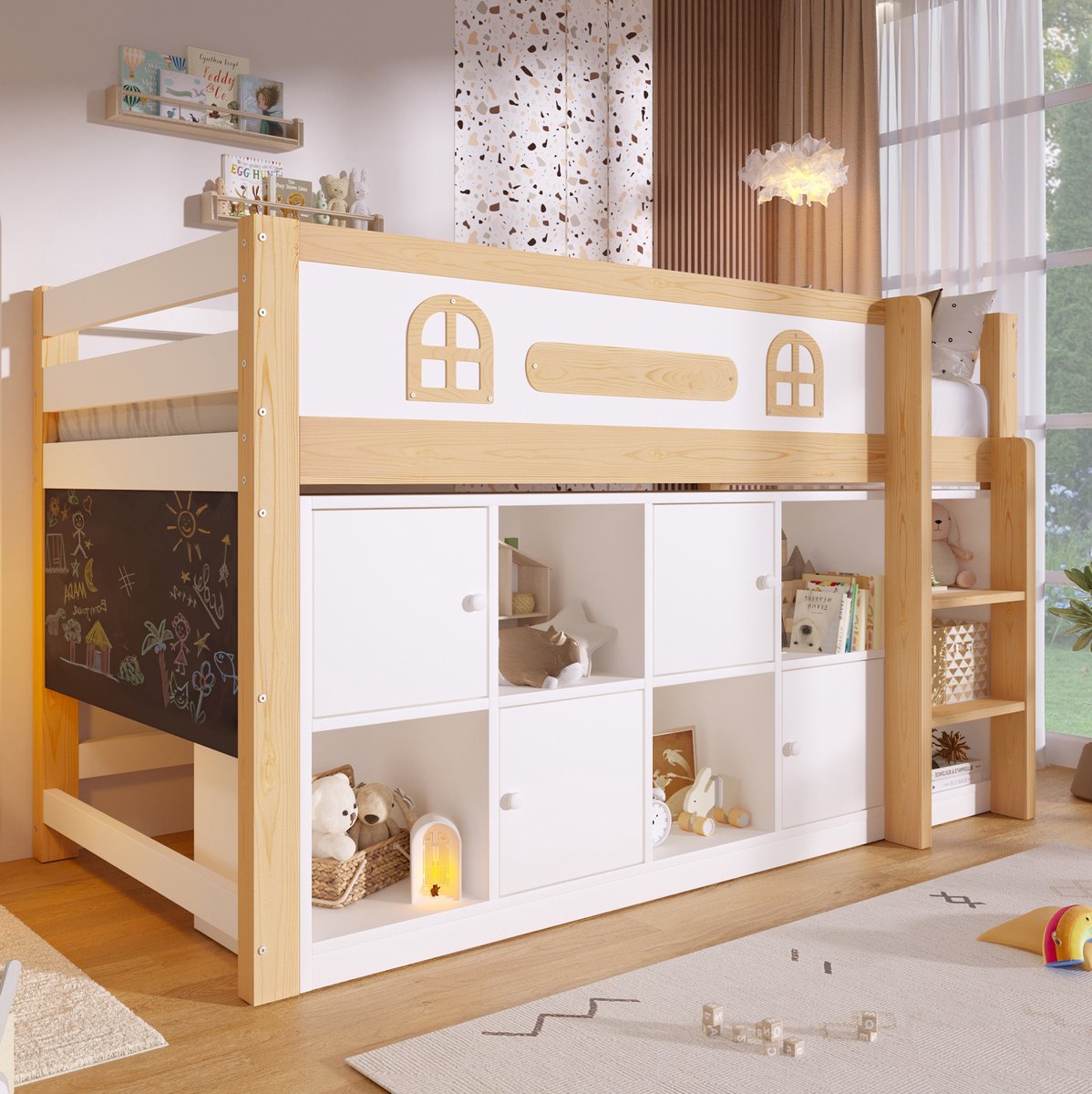 Halfhoog Bed 90x200cm Met Kreekbord En Opbergvakken Met Ladder Zonder Matras Voor Kinderkamer Van Hout En MDF Wit Natuurlijk