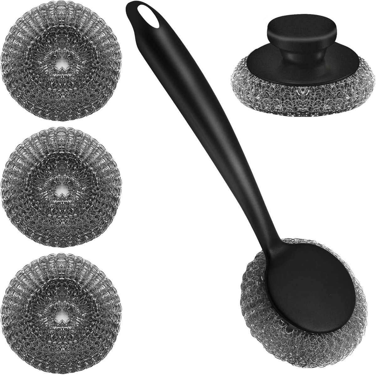 Handmatige scrubber met drie vervangbare stalen wolballen voor efficiënte afwas, keukenreiniging en hardnekkige vlekken
